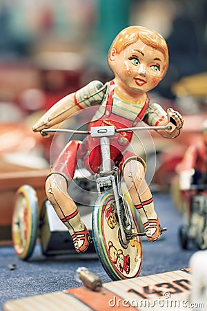 Metal vintage play toy displayed at a market stall, Antwerp, Belgium Editorial Stock Photo